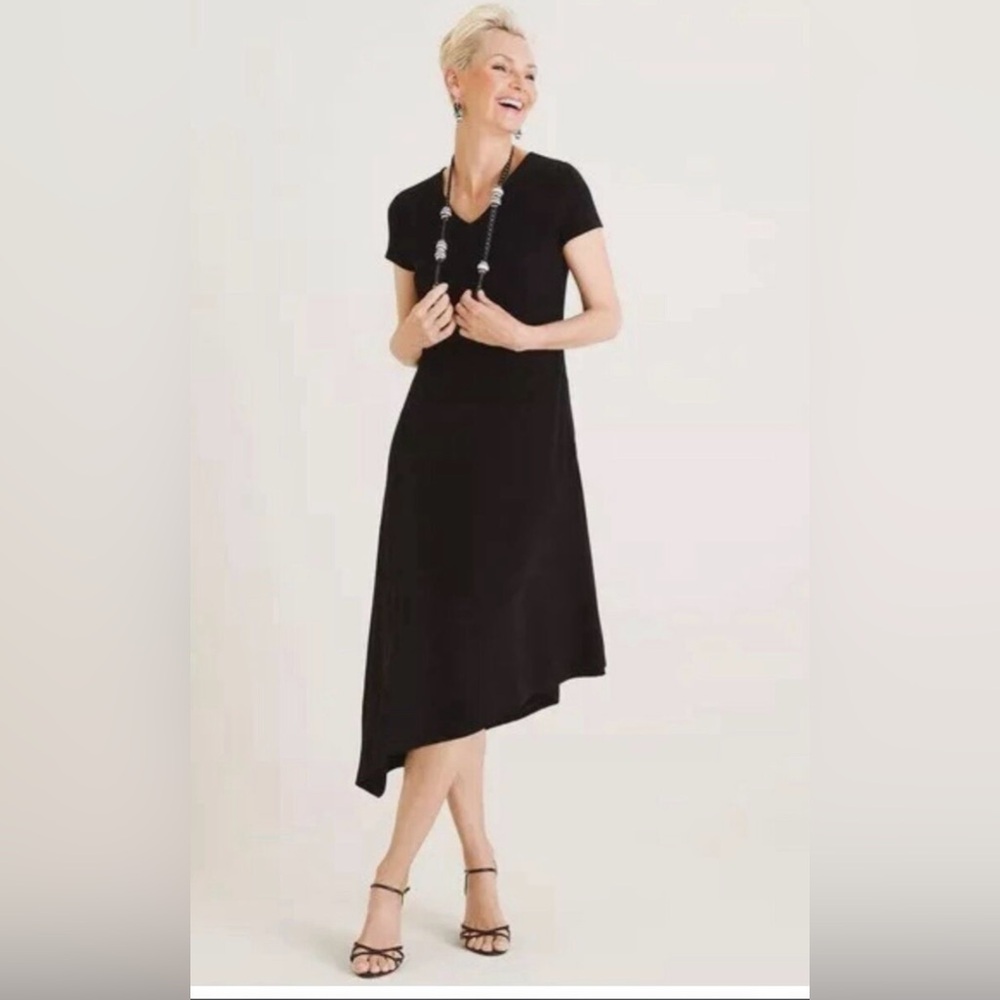 Chico’s black asymmetrical midi dress